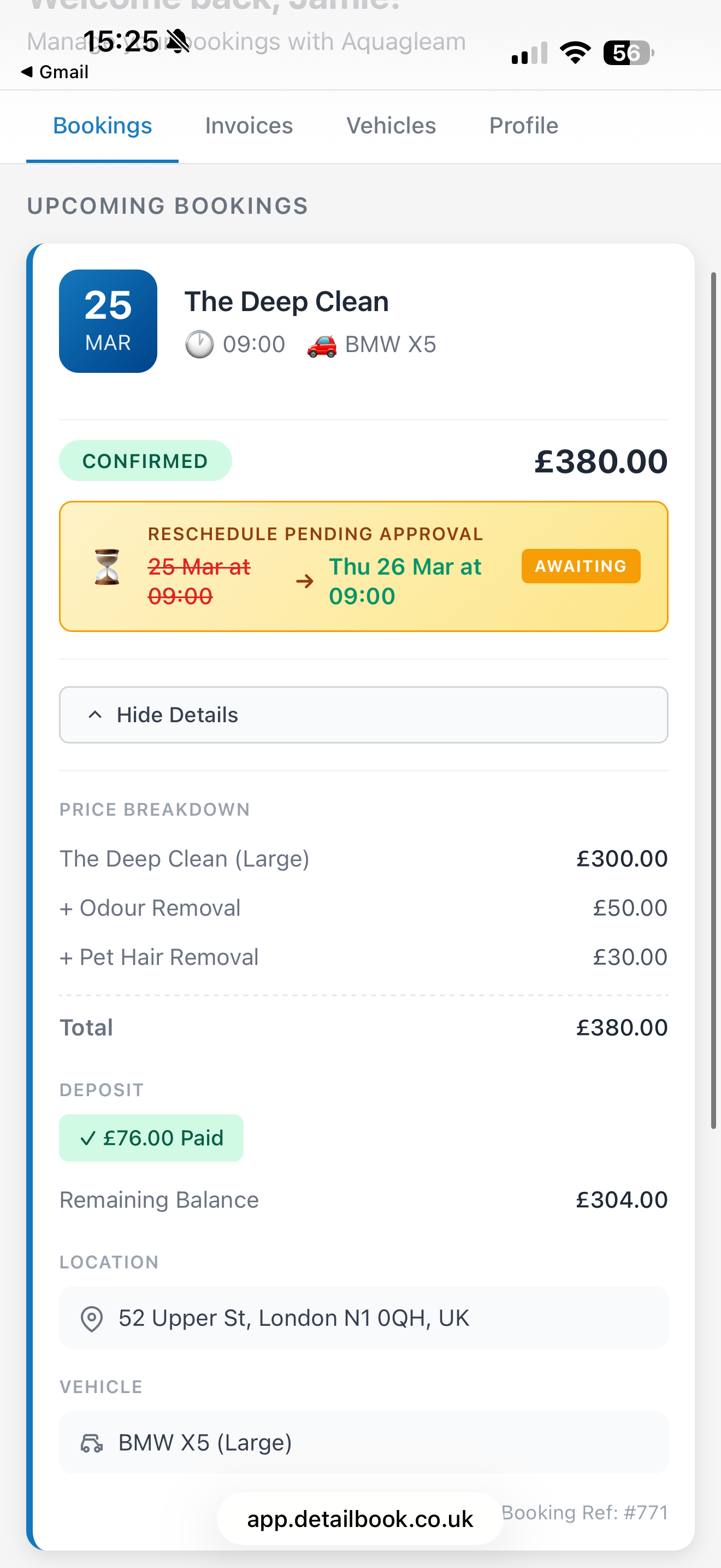 Booking details view
