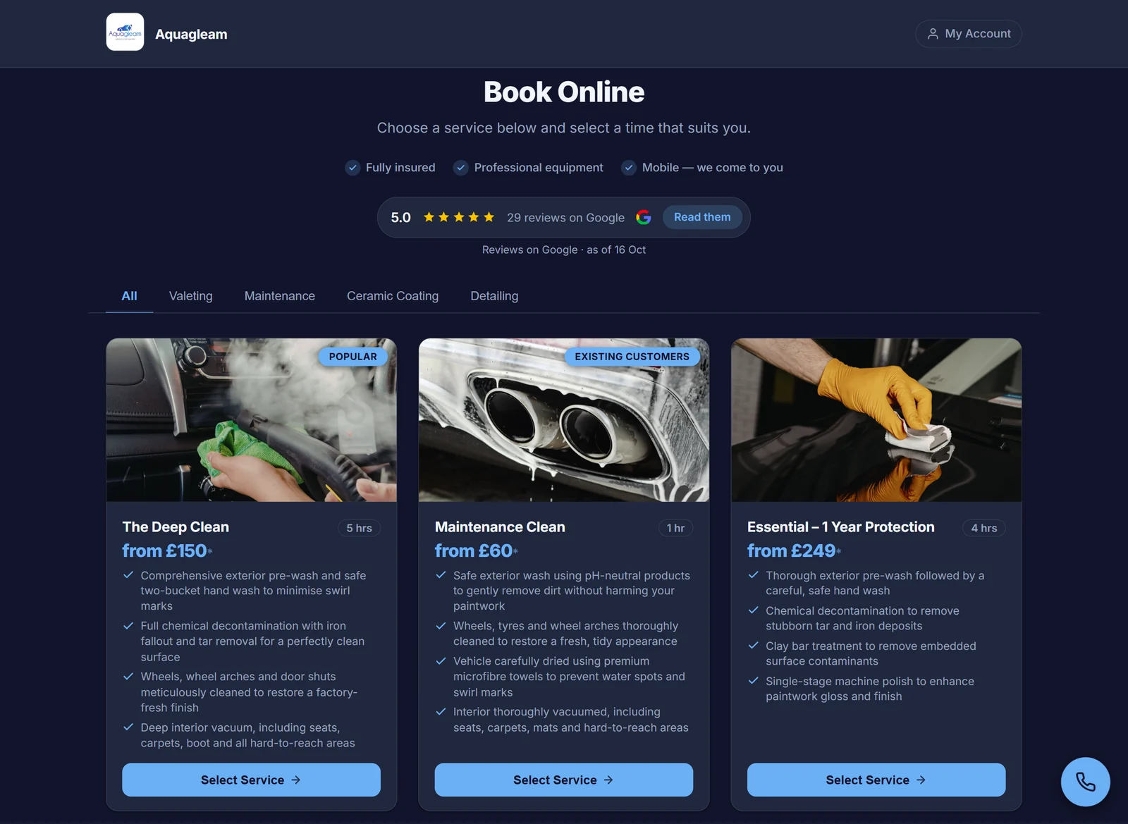 Aquagleam’s DetailBook booking page on desktop: Book Online, its 5.0 Google rating and three services with photos, prices, what’s included and Select Service buttons