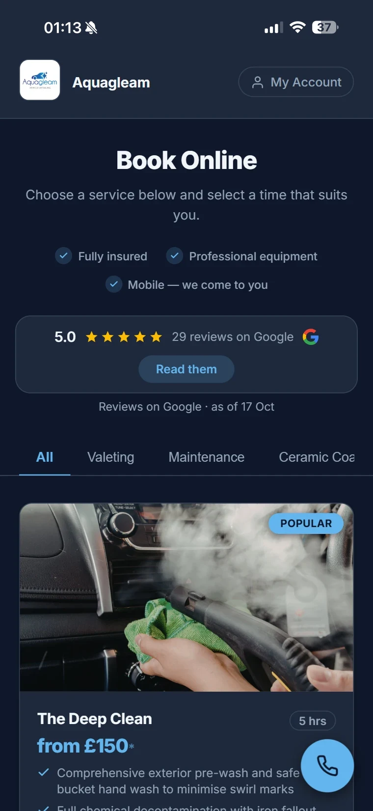 Aquagleam’s DetailBook booking page on a phone: Book Online, its 5.0 Google rating, service categories and The Deep Clean from £150