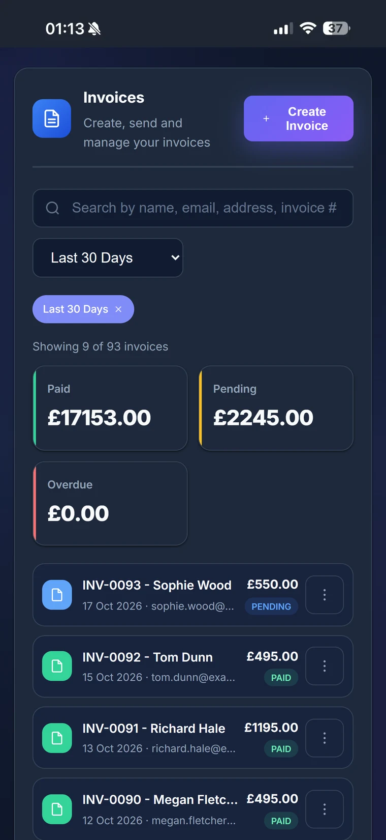 DetailBook invoices on a phone: £17,153 paid, £2,245 pending and nothing overdue, with October invoices for ceramic coatings and PPF marked paid